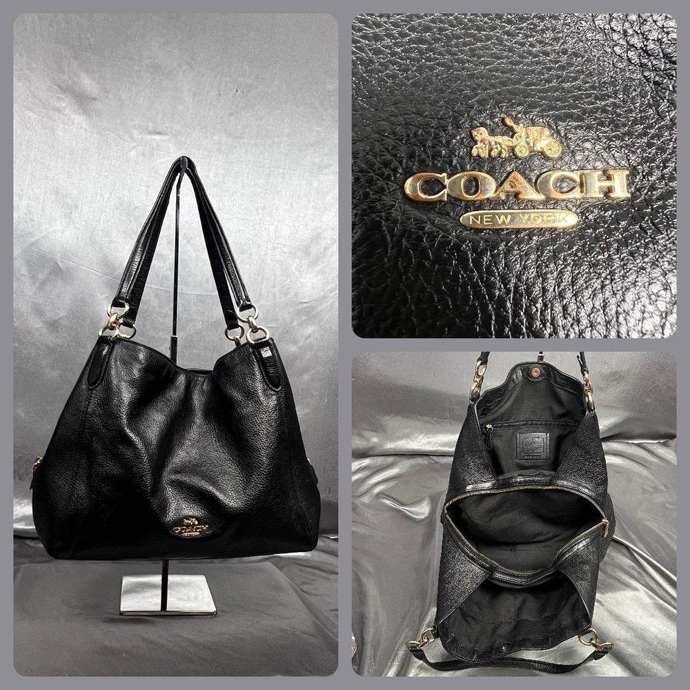 Coach Hallie Black Pebbled Leather Shoulder Hobo Bag F80268 Gold Hardware 3 Comp